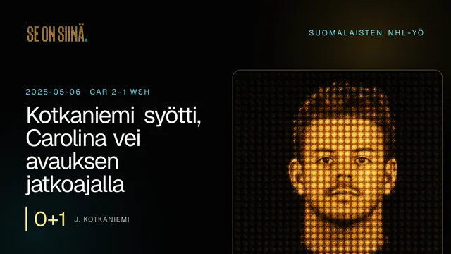 Kotkaniemi syötti, Carolina vei avauksen jatkoajalla. J. Kotkaniemi. CAR 2–1 WSH