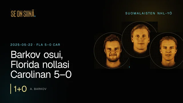 Barkov osui, Florida nollasi Carolinan 5–0. A. Barkov, N. Mikkola, A. Lundell. FLA 5–0 CAR