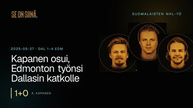 Kapanen osui, Edmonton työnsi Dallasin katkolle. K. Kapanen, M. Granlund, M. Heiskanen. DAL 1–4 EDM