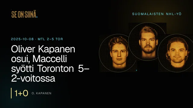 Oliver Kapanen osui, Maccelli syötti Toronton 5–2-voitossa. O. Kapanen, J. Armia, M. Maccelli. MTL 2–5 TOR