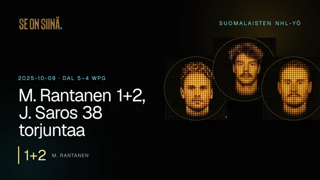 M. Rantanen 1+2, J. Saros 38 torjuntaa. M. Rantanen, J. Saros, J. Korpisalo. DAL 5–4 WPG