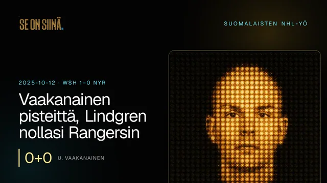 Vaakanainen pisteittä, Lindgren nollasi Rangersin. U. Vaakanainen. WSH 1–0 NYR