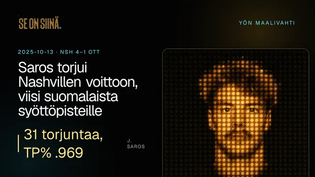 Saros torjui Nashvillen voittoon, viisi suomalaista syöttöpisteille. J. Saros. NSH 4–1 OTT