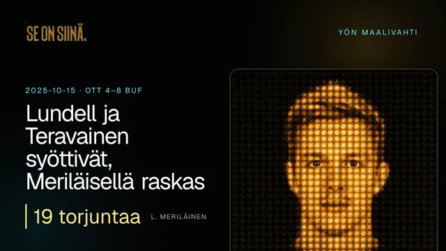 Lundell ja Teravainen syöttivät, Meriläisellä raskas ilta. L. Meriläinen. OTT 4–8 BUF
