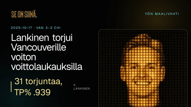 Lankinen torjui Vancouverille voiton voittolaukauksilla. K. Lankinen. VAN 3–2 CHI