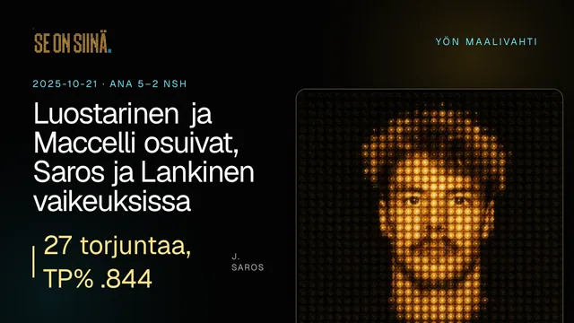 Luostarinen ja Maccelli osuivat, Saros ja Lankinen vaikeuksissa. J. Saros. ANA 5–2 NSH