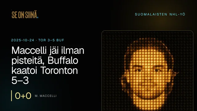 Maccelli jäi ilman pisteitä, Buffalo kaatoi Toronton 5–3. M. Maccelli. TOR 3–5 BUF
