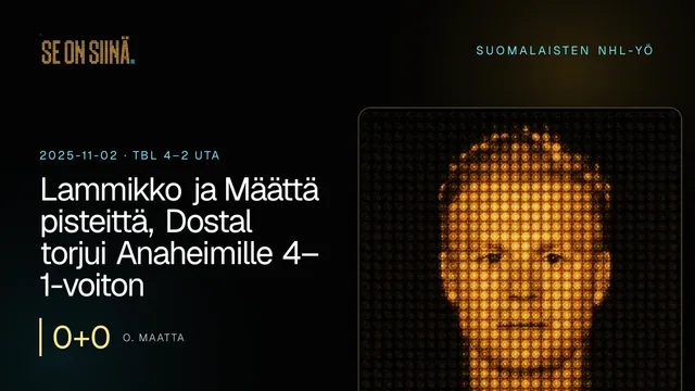 Lammikko ja Määttä pisteittä, Dostal torjui Anaheimille 4–1-voiton. O. Maatta. TBL 4–2 UTA