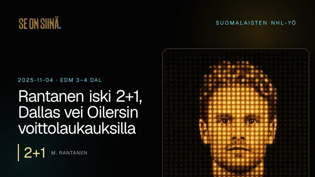 Rantanen iski 2+1, Dallas vei Oilersin voittolaukauksilla. M. Rantanen. EDM 3–4 DAL