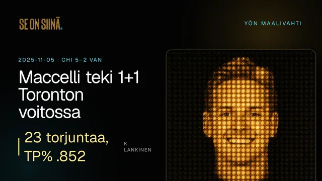 Maccelli teki 1+1 Toronton voitossa. K. Lankinen. CHI 5–2 VAN
