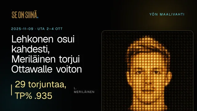 Lehkonen osui kahdesti, Meriläinen torjui Ottawalle voiton. L. Meriläinen. UTA 2–4 OTT