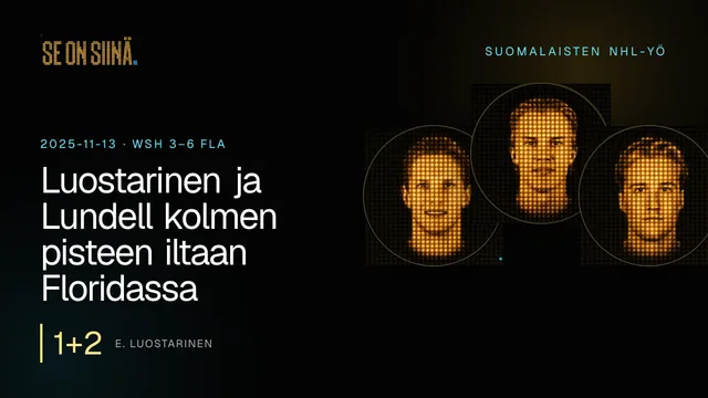 Luostarinen ja Lundell kolmen pisteen iltaan Floridassa. E. Luostarinen, A. Lundell, U. Luukkonen. WSH 3–6 FLA