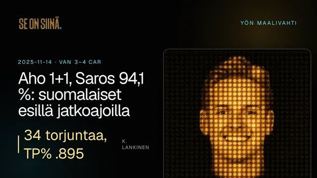 Aho 1+1, Saros 94,1 %: suomalaiset esillä jatkoajoilla. K. Lankinen. VAN 3–4 CAR