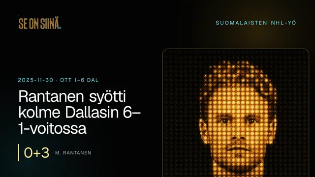 Rantanen syötti kolme Dallasin 6–1-voitossa. M. Rantanen. OTT 1–6 DAL