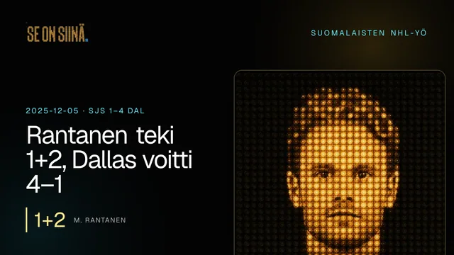Rantanen teki 1+2, Dallas voitti 4–1. M. Rantanen. SJS 1–4 DAL