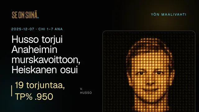 Husso torjui Anaheimin murskavoittoon, Heiskanen osui Dallasille. V. Husso. CHI 1–7 ANA