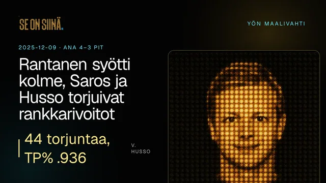 Rantanen syötti kolme, Saros ja Husso torjuivat rankkarivoitot. V. Husso. ANA 4–3 PIT