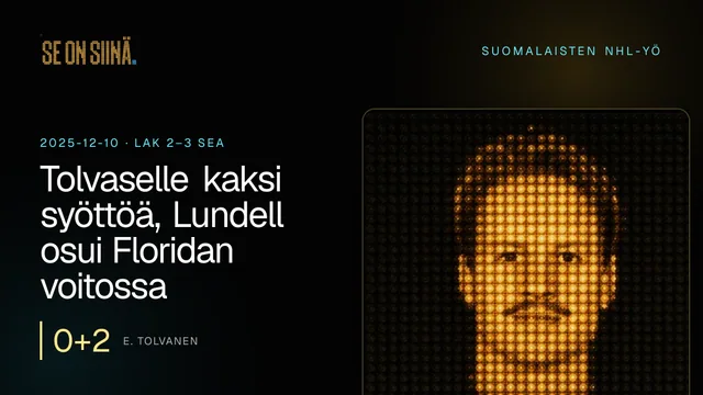 Tolvaselle kaksi syöttöä, Lundell osui Floridan voitossa. E. Tolvanen. LAK 2–3 SEA