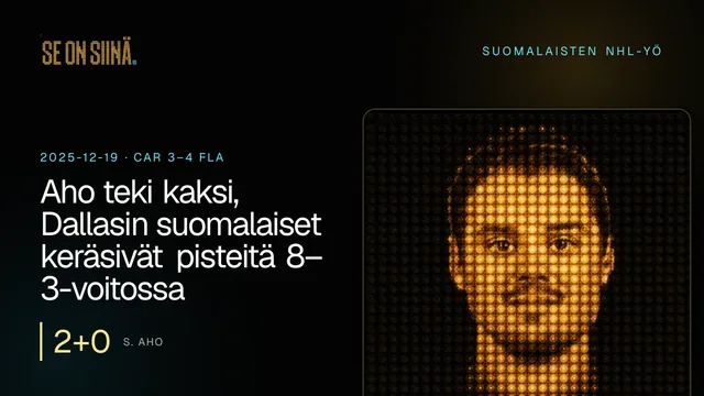 Aho teki kaksi, Dallasin suomalaiset keräsivät pisteitä 8–3-voitossa. S. Aho. CAR 3–4 FLA