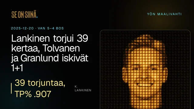 Lankinen torjui 39 kertaa, Tolvanen ja Granlund iskivät 1+1. K. Lankinen. VAN 5–4 BOS