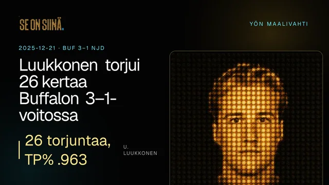 Luukkonen torjui 26 kertaa Buffalon 3–1-voitossa. U. Luukkonen. BUF 3–1 NJD