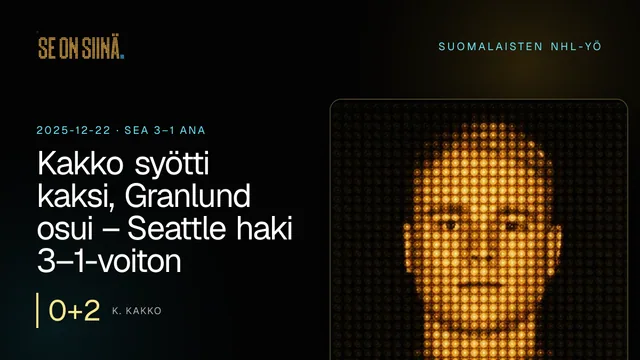 Kakko syötti kaksi, Granlund osui – Seattle haki 3–1-voiton. K. Kakko. SEA 3–1 ANA