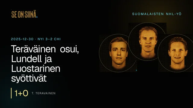 Teräväinen osui, Lundell ja Luostarinen syöttivät. T. Teravainen, A. Lundell, E. Luostarinen. NYI 3–2 CHI