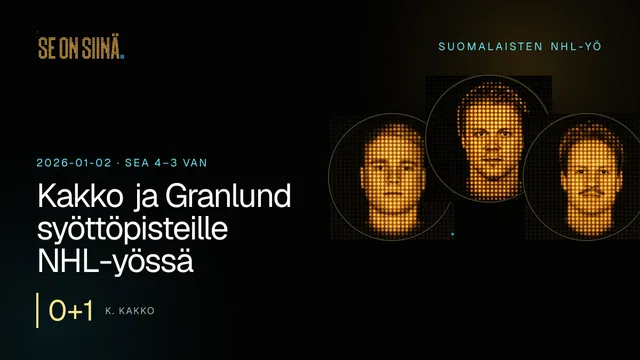 Kakko ja Granlund syöttöpisteille NHL-yössä. K. Kakko, M. Granlund, E. Tolvanen. SEA 4–3 VAN