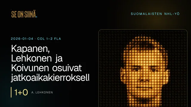 Kapanen, Lehkonen ja Koivunen osuivat jatkoaikakierroksella. A. Lehkonen. COL 1–2 FLA