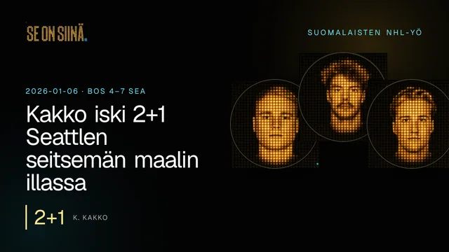 Kakko iski 2+1 Seattlen seitsemän maalin illassa. K. Kakko, J. Saros, U. Luukkonen. BOS 4–7 SEA
