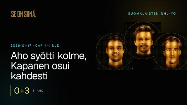 Aho syötti kolme, Kapanen osui kahdesti. S. Aho, K. Kapanen, U. Luukkonen. CAR 4–1 NJD