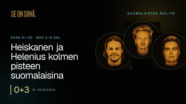 Heiskanen ja Helenius kolmen pisteen suomalaisina. M. Heiskanen, K. Helenius, J. Annunen. BOS 2–6 DAL