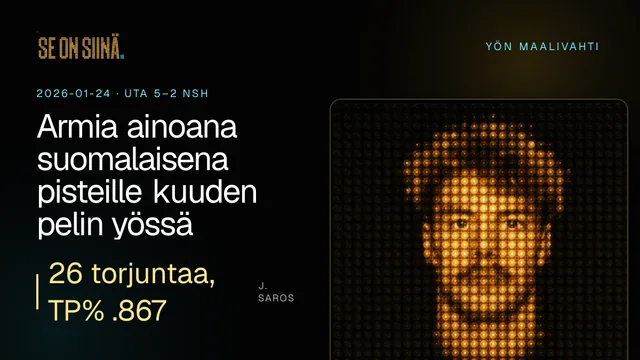 Armia ainoana suomalaisena pisteille kuuden pelin yössä. J. Saros. UTA 5–2 NSH