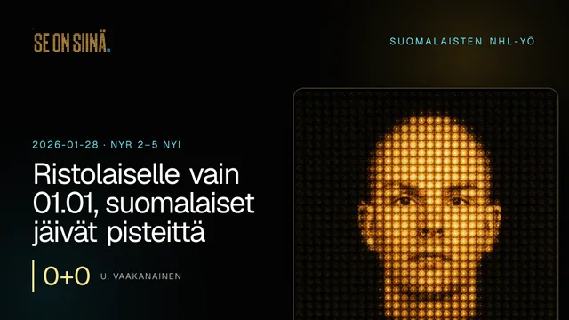 Ristolaiselle vain 01.01, suomalaiset jäivät pisteittä. U. Vaakanainen. NYR 2–5 NYI