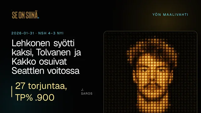 Lehkonen syötti kaksi, Tolvanen ja Kakko osuivat Seattlen voitossa. J. Saros. NSH 4–3 NYI