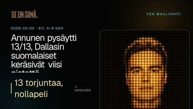 Annunen pysäytti 13/13, Dallasin suomalaiset keräsivät viisi pistettä. J. Annunen. STL 5–6 NSH