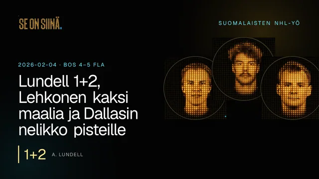 Lundell 1+2, Lehkonen kaksi maalia ja Dallasin nelikko pisteille. A. Lundell, J. Saros, A. Lehkonen. BOS 4–5 FLA