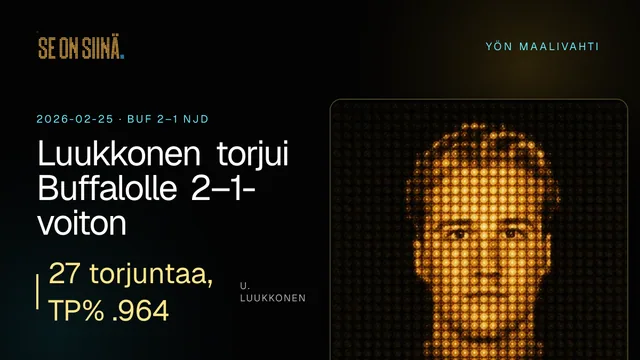 Luukkonen torjui Buffalolle 2–1-voiton. U. Luukkonen. BUF 2–1 NJD