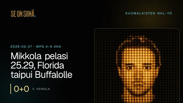 Mikkola pelasi 25.29, Florida taipui Buffalolle. V. Heinola. WPG 4–5 ANA