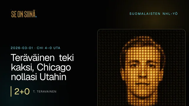 Teräväinen teki kaksi, Chicago nollasi Utahin. T. Teravainen. CHI 4–0 UTA