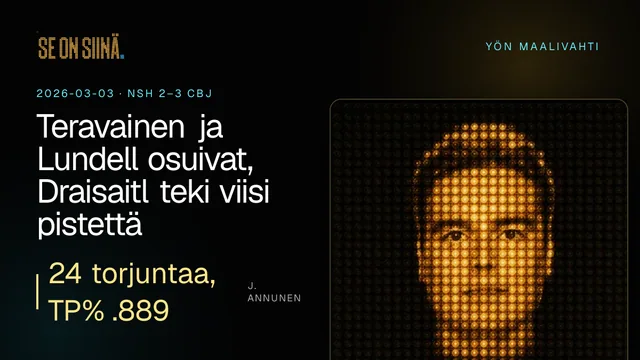 Teravainen ja Lundell osuivat, Draisaitl teki viisi pistettä. J. Annunen. NSH 2–3 CBJ