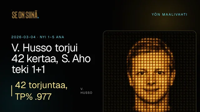 V. Husso torjui 42 kertaa, S. Aho teki 1+1. V. Husso. NYI 1–5 ANA