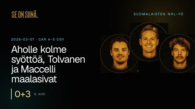 Aholle kolme syöttöä, Tolvanen ja Maccelli maalasivat. S. Aho, K. Lankinen, J. Saros. CAR 4–5 CGY
