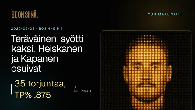 Teräväinen syötti kaksi, Heiskanen ja Kapanen osuivat. J. Korpisalo. BOS 4–5 PIT