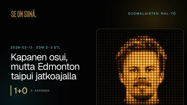 Kapanen osui, mutta Edmonton taipui jatkoajalla. K. Kapanen. EDM 2–3 STL