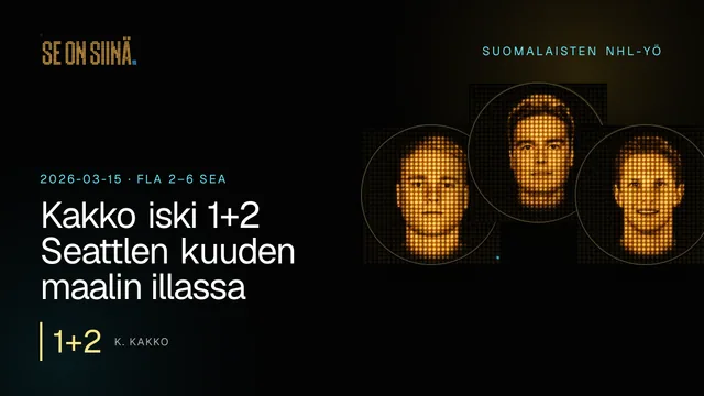 Kakko iski 1+2 Seattlen kuuden maalin illassa. K. Kakko, J. Annunen, E. Luostarinen. FLA 2–6 SEA