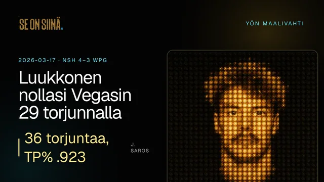 Luukkonen nollasi Vegasin 29 torjunnalla. J. Saros. NSH 4–3 WPG