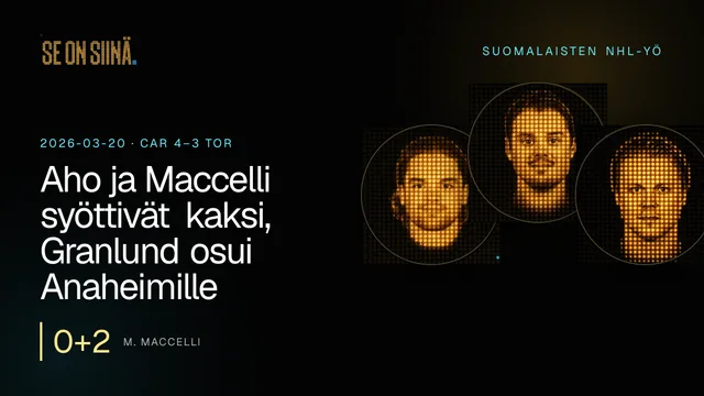 Aho ja Maccelli syöttivät kaksi, Granlund osui Anaheimille. M. Maccelli, S. Aho, M. Granlund. CAR 4–3 TOR