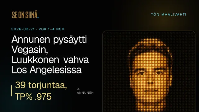 Annunen pysäytti Vegasin, Luukkonen vahva Los Angelesissa. J. Annunen. VGK 1–4 NSH