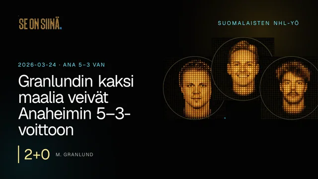 Granlundin kaksi maalia veivät Anaheimin 5–3-voittoon. M. Granlund, K. Lankinen, J. Saros. ANA 5–3 VAN